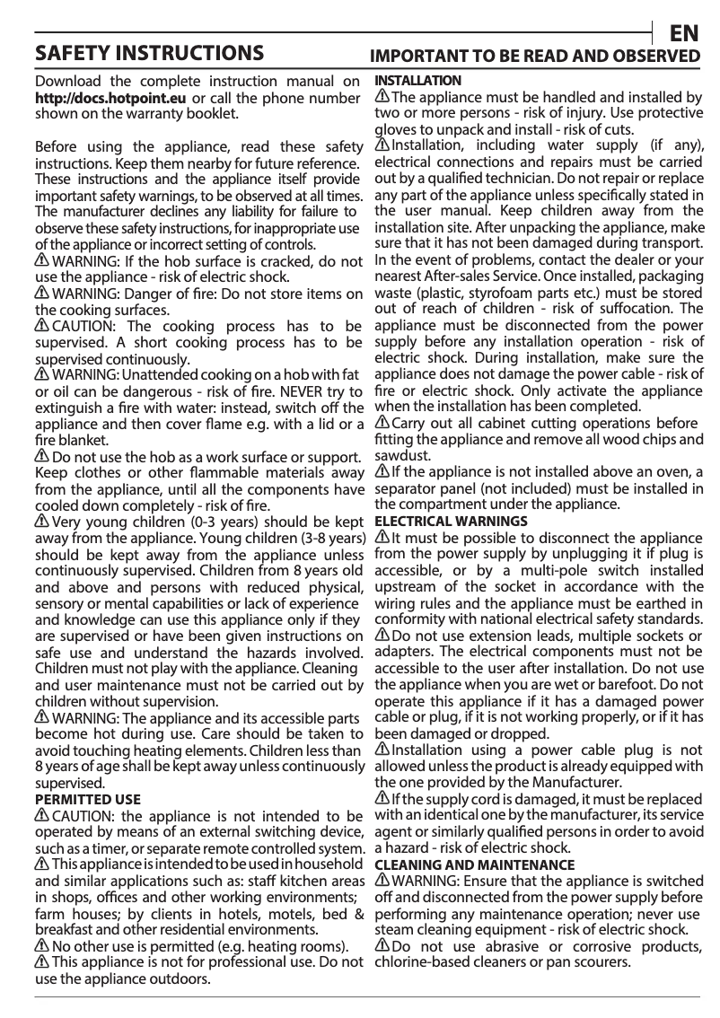 Page n°1 - Instructions / montage Hotpoint HR 612 C H