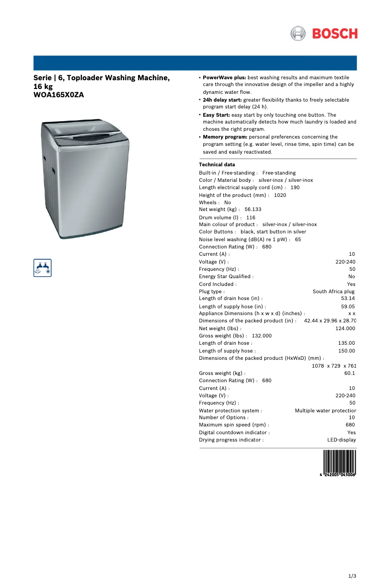 Image de la première page du manuel de l'appareil WOA165X0ZA