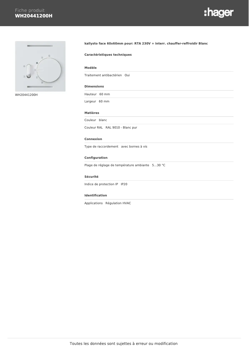 Page n°1 - Fiche technique Hager WH20441200H