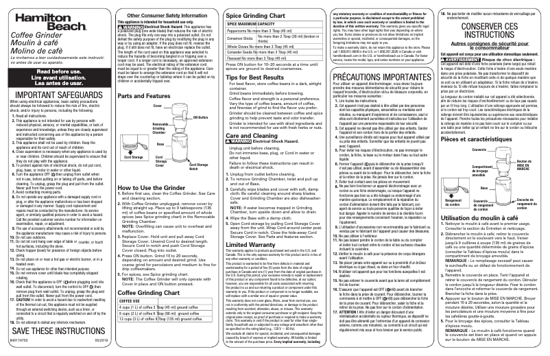Page 1 de la notice Manuel d'utilisation et d'entretien Hamilton Beach 80335R