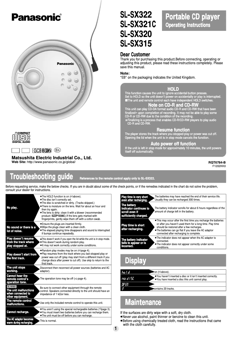 Page 1 de la notice Manuel utilisateur Panasonic SL-SX315