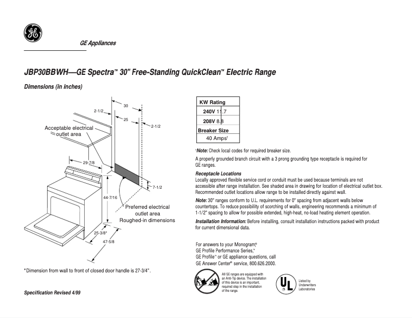 Page n°1 - Fiche technique GE JBP30BBWH