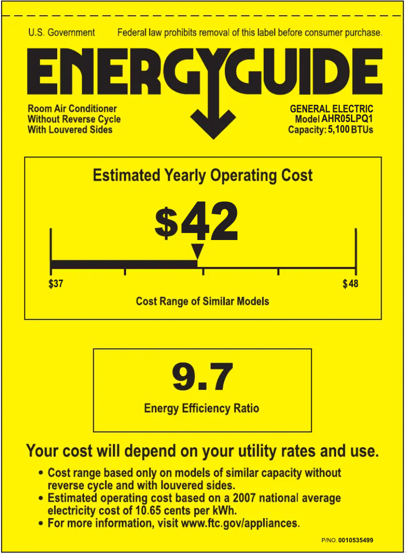 Page 1 de la notice Label énergétique GE AHR05LP