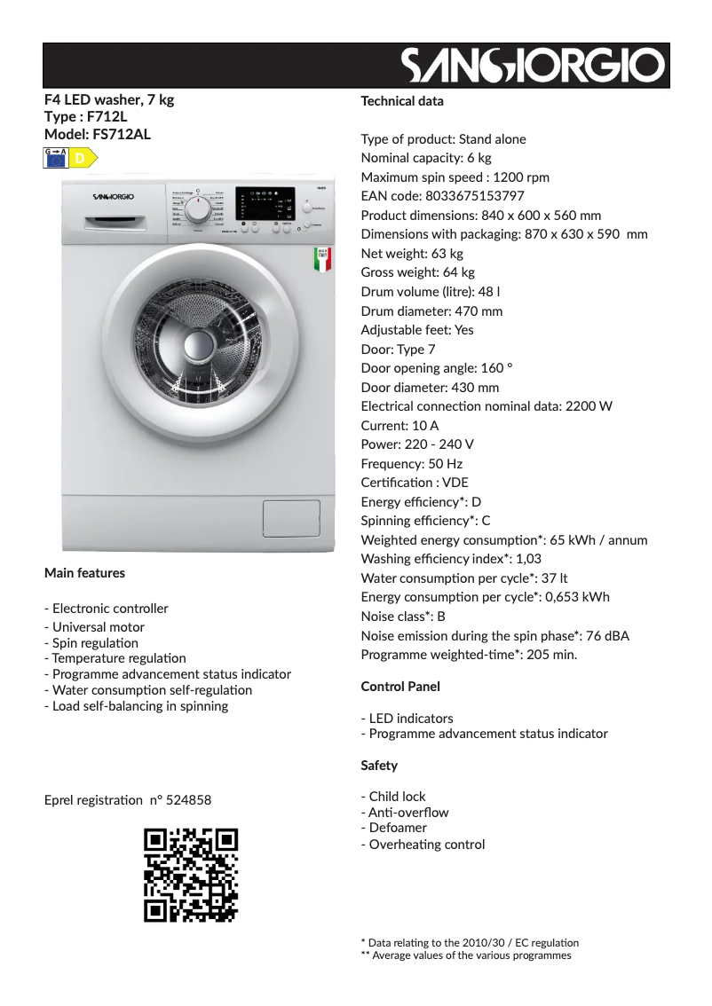 Page 1 de la notice Fiche technique SanGiorgio F712L