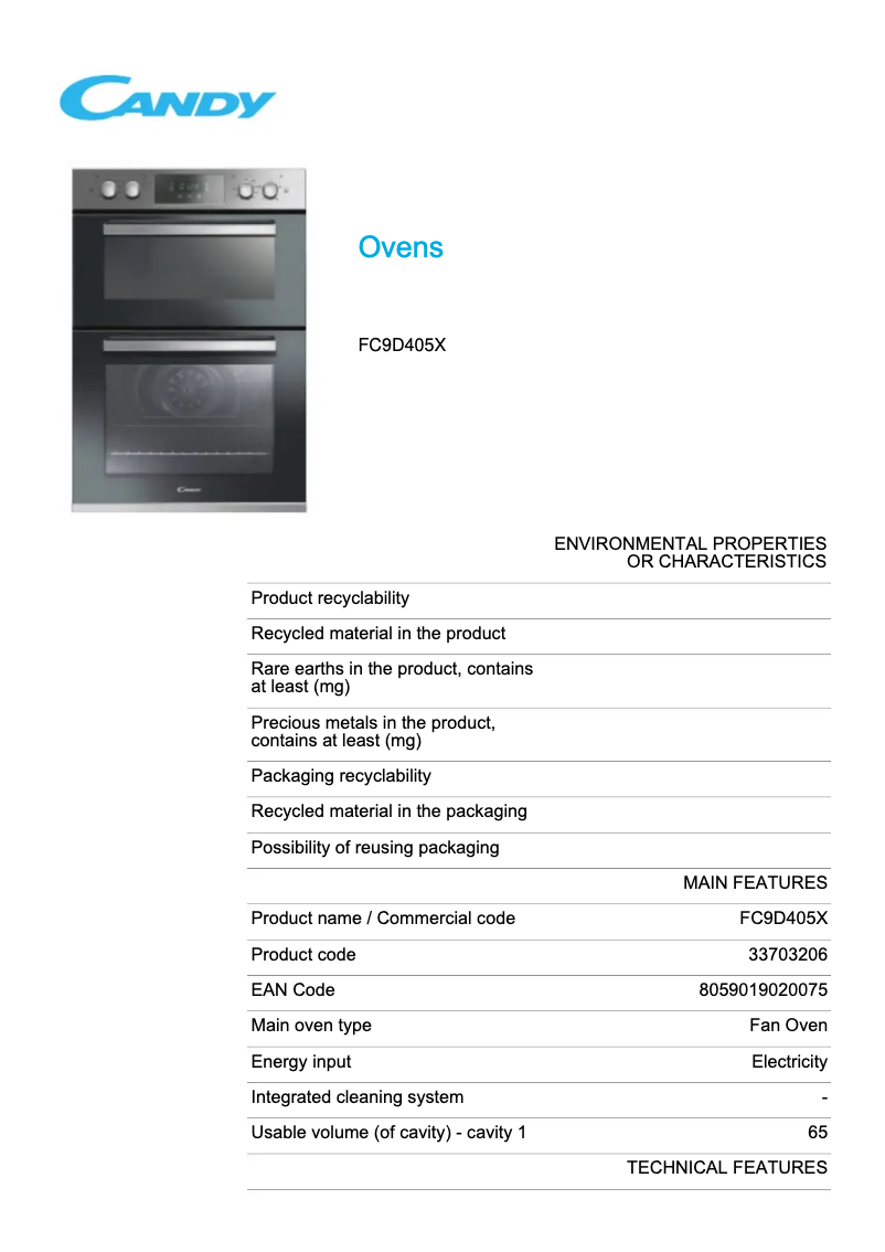 Page 1 de la notice Fiche technique Candy FC9D405X