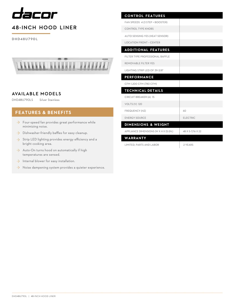 Page 1 de la notice Fiche technique Dacor DHD48U790LS