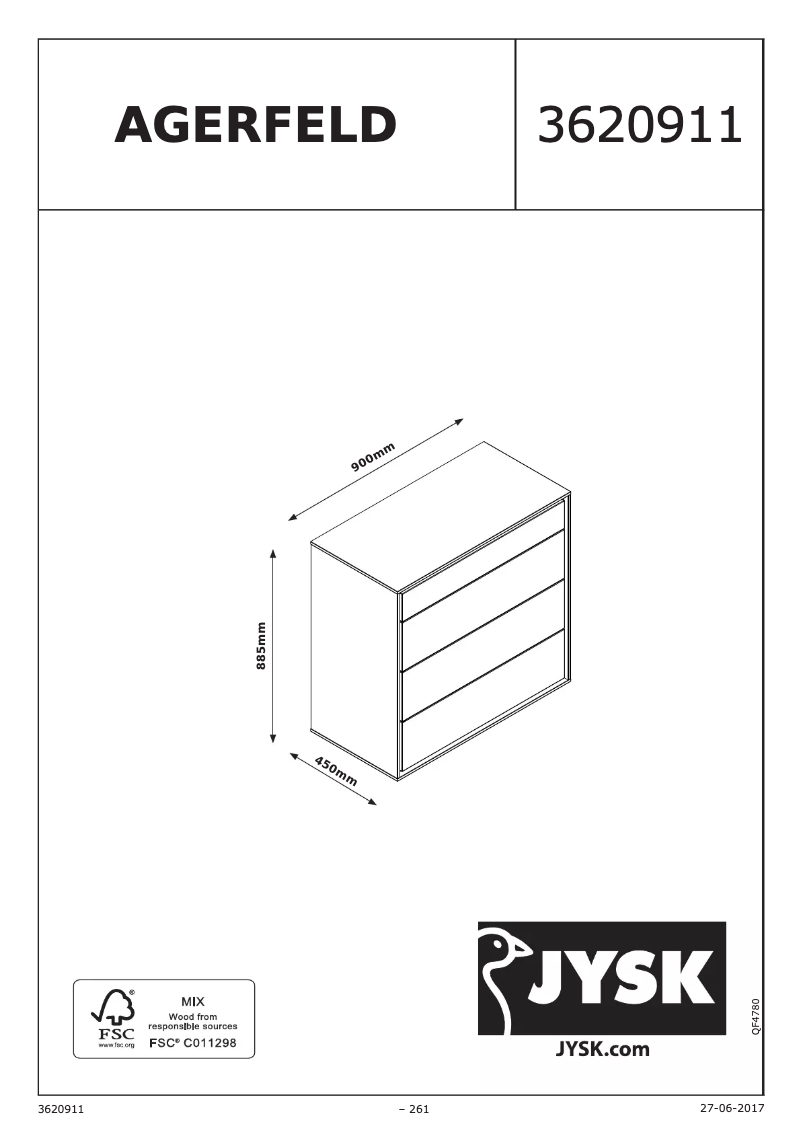 Page 1 de la notice Manuel utilisateur JYSK Agerfeld (90x89x45)