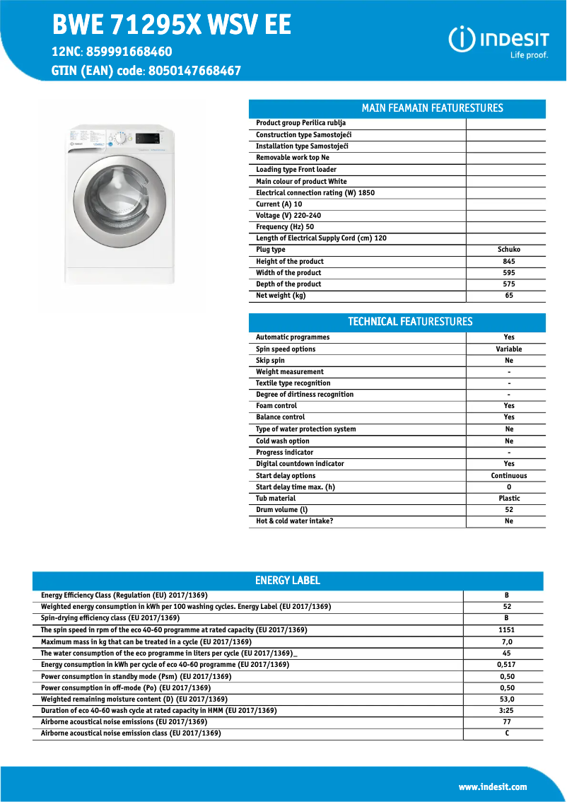 Page 1 de la notice Fiche technique Indesit BWE 71295X WSV EE