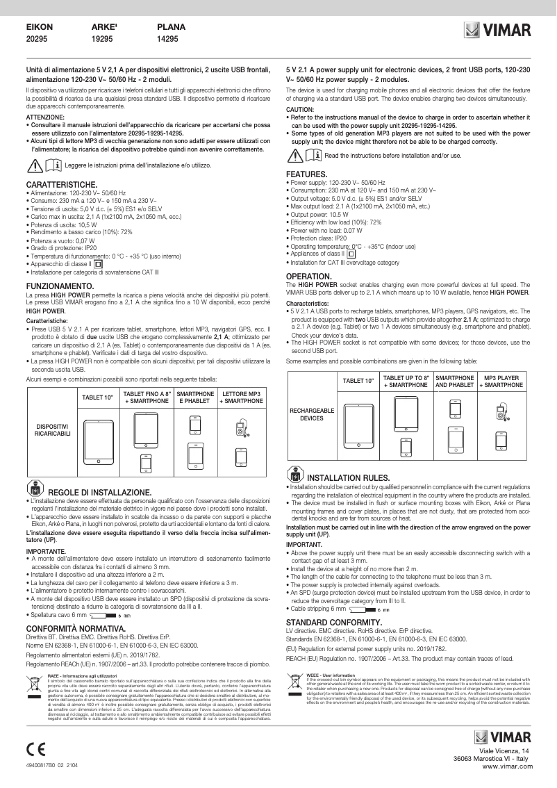 Page n°1 - Manuel utilisateur Vimar 14295