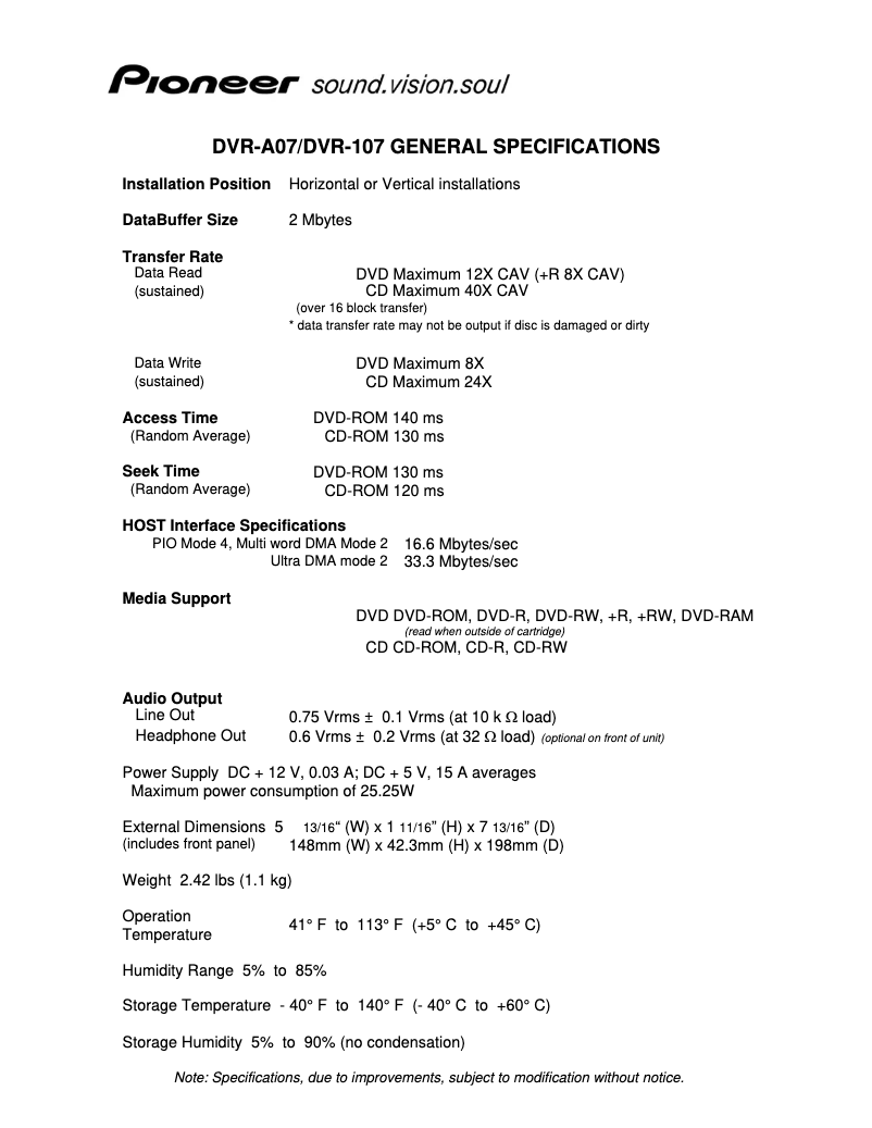 Page 1 de la notice Fiche technique Pioneer DVR-107D