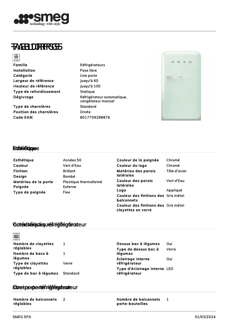 Page 1 de la notice Fiche technique Smeg FAB10RPG5