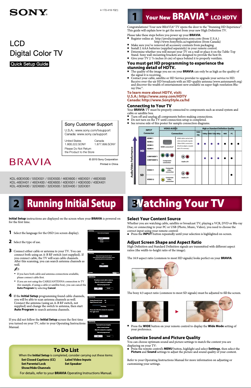 Page 1 de la notice Guide d'installation Sony Bravia KDL-32EX400