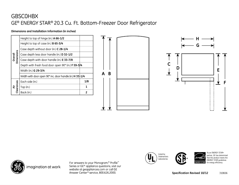 Page n°1 - Fiche technique GE GBSC0HBXWW