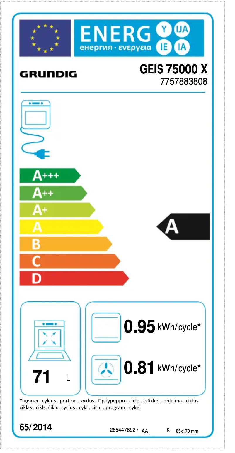 Page 1 de la notice Label énergétique Grundig GEIS75000X