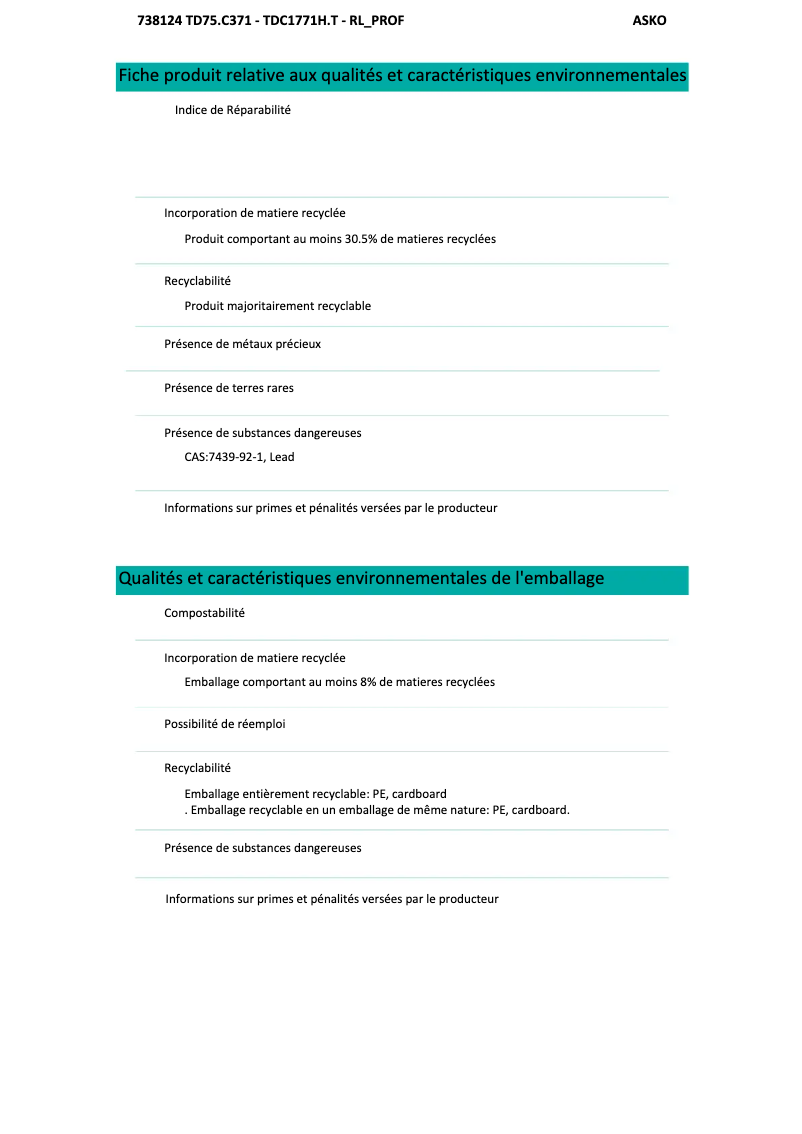 Page 1 de la notice Fiche technique Asko TDC1771H.T