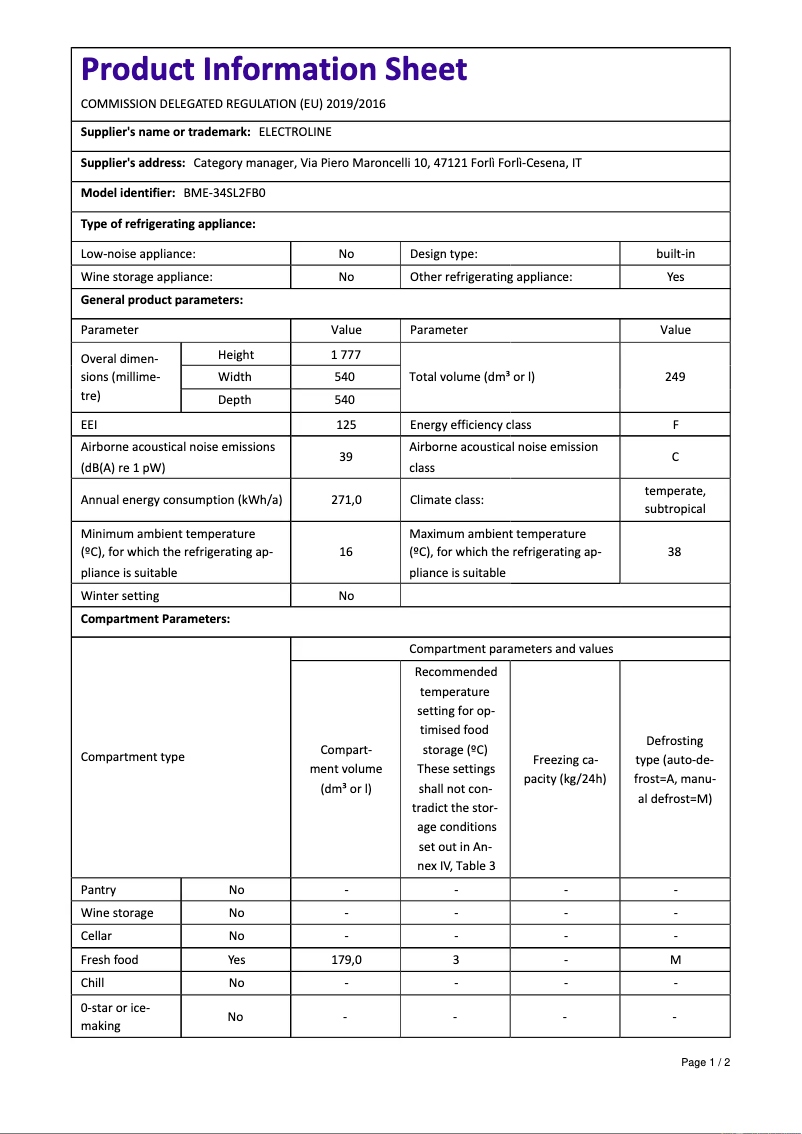 Page n°1 - Manuel utilisateur Electroline BME-34SL2FB0