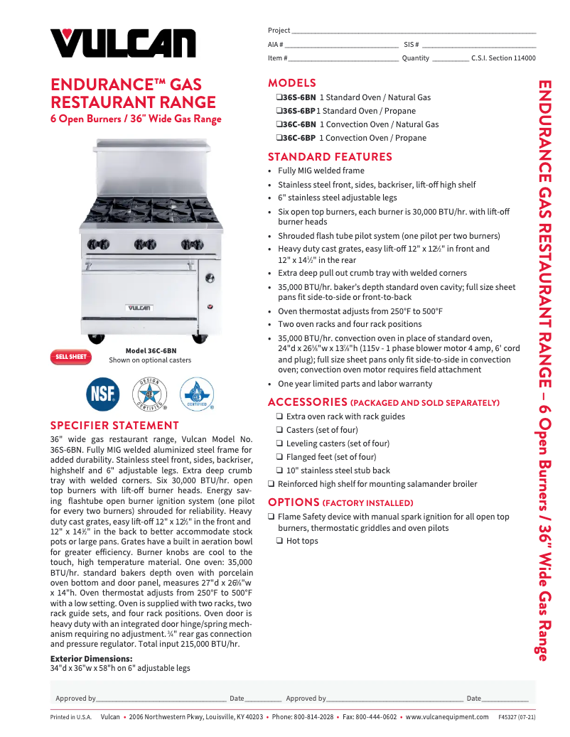 Page 1 de la notice Fiche technique Vulcan 36C-6B