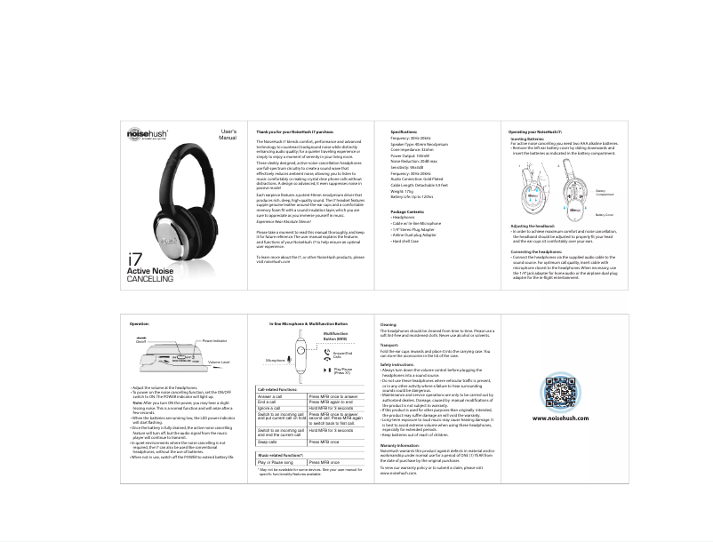 Page 1 de la notice Manuel utilisateur NoiseHush i7