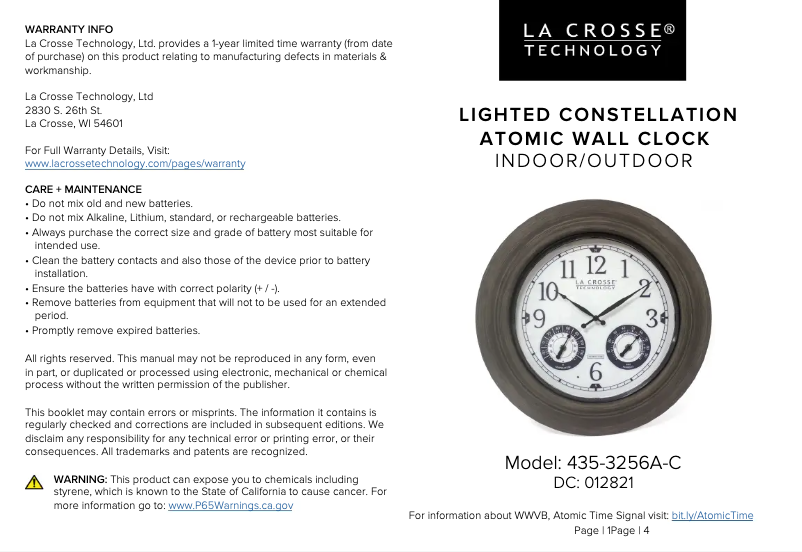 Page 1 de la notice Manuel utilisateur La Crosse Technology 435-3256A-C