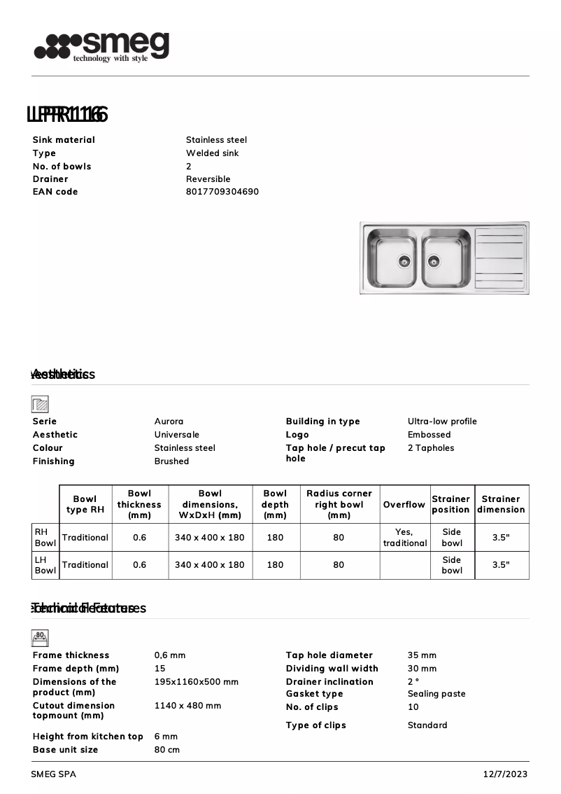 Page 1 de la notice Manuel utilisateur Smeg LPR116
