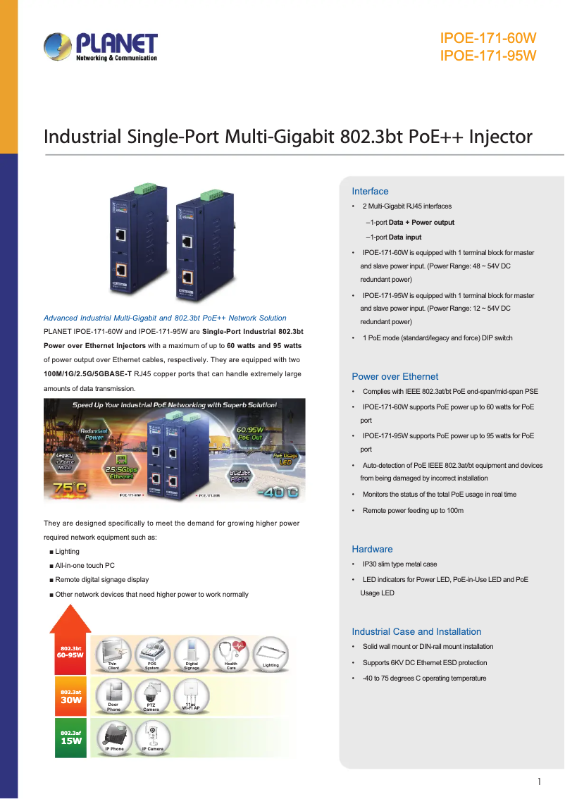 Page 1 de la notice Fiche technique Planet IPOE-171-95W