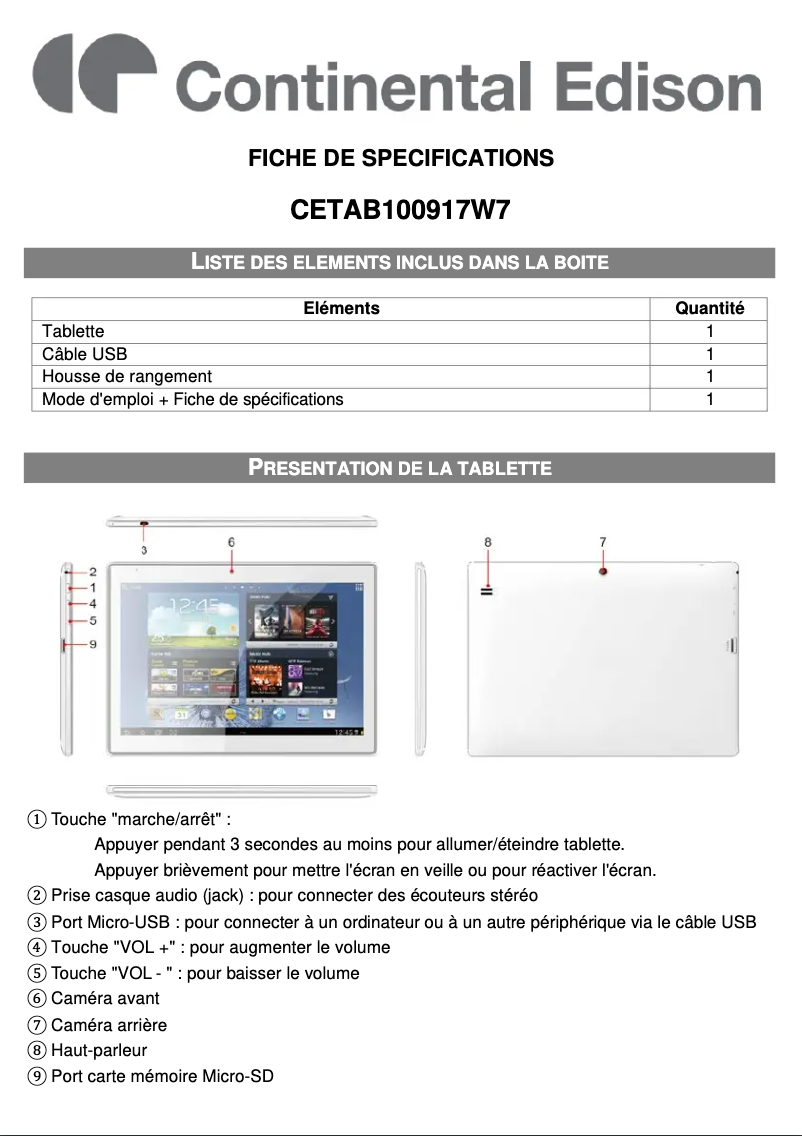 Page 1 de la notice Fiche technique Continental Edison CETAB100917W7