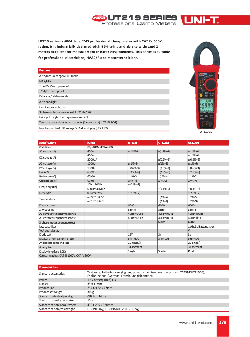 Page n°1 - Fiche technique Uni-T UT219DS