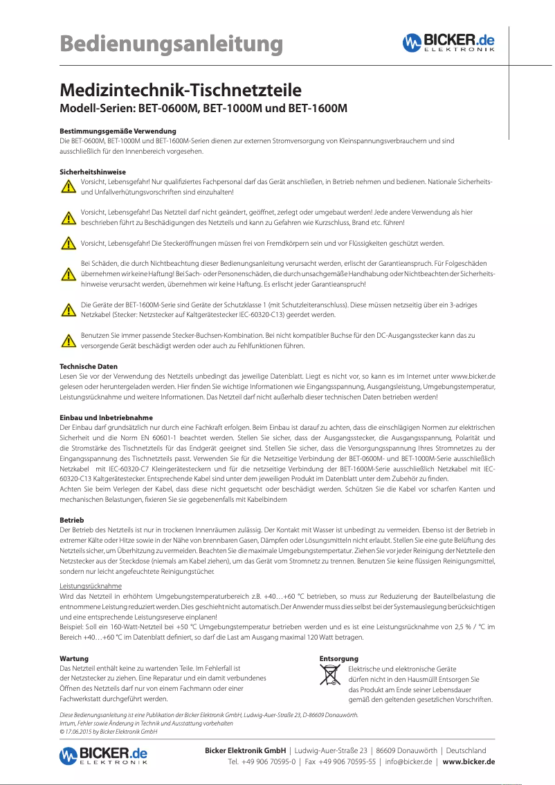 Page n°1 - Manuel utilisateur Bicker Elektronik BET-0612M