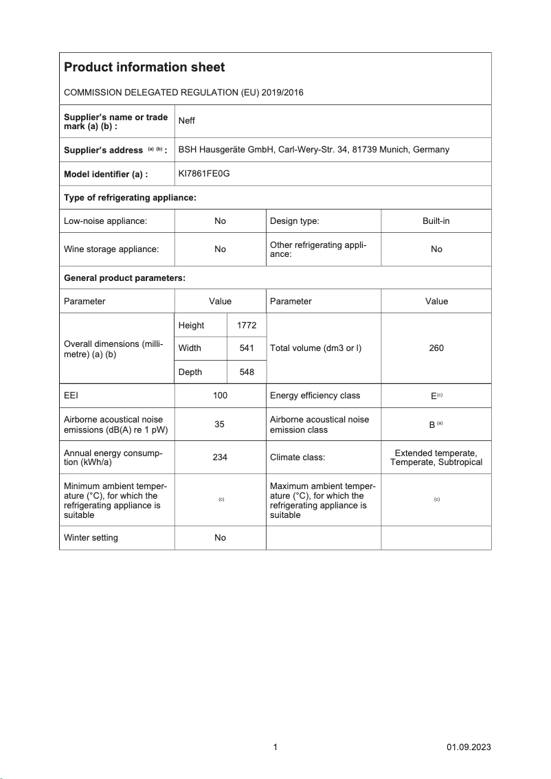 Page 1 de la notice Fiche technique Neff KI7861FE0G