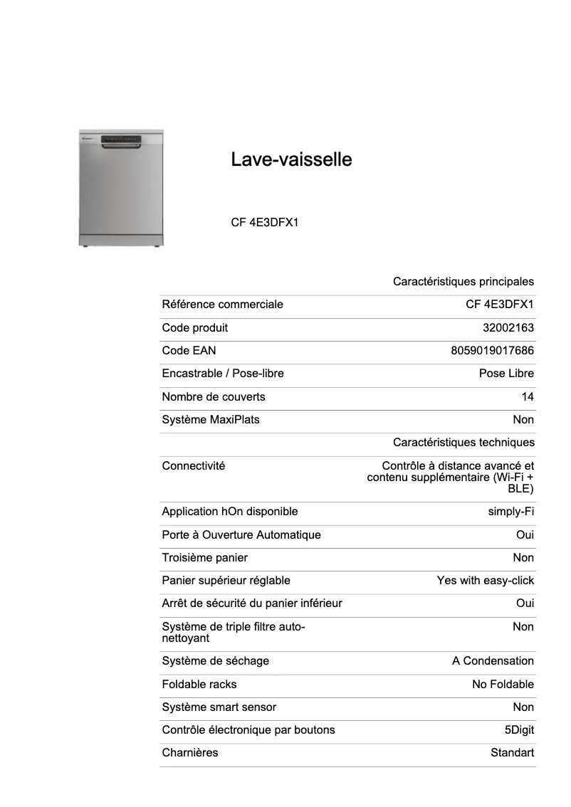 Page 1 de la notice Fiche technique Candy CF 4E3DFX1