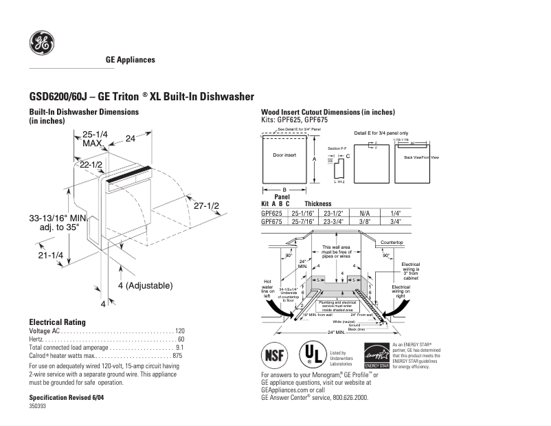 Page n°1 - Fiche technique GE GSD6200JCC