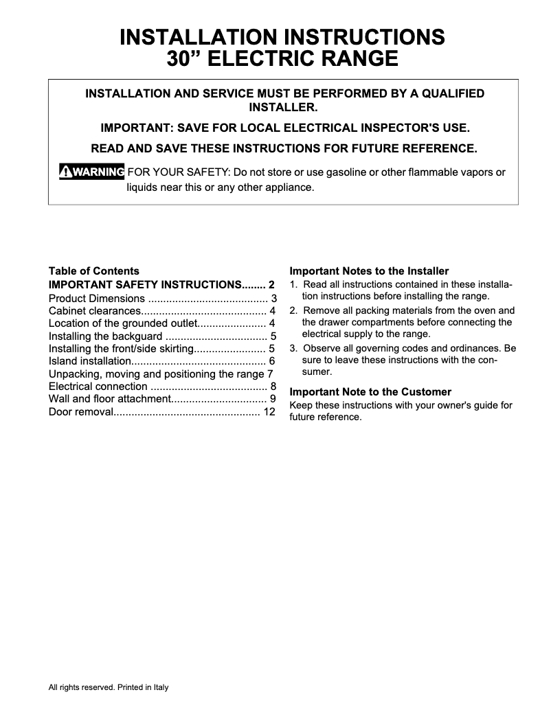 Page n°1 - Guide d'installation Electrolux ECFI3068AS