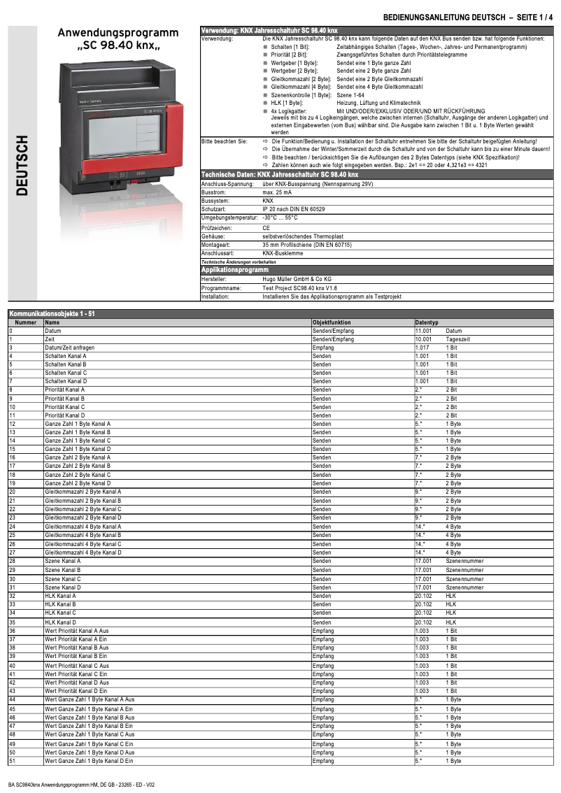 Image de la première page du manuel de l'appareil SC 98.40 knx