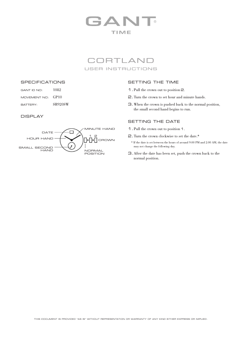 Page n°1 - Manuel utilisateur Gant Cortland 1082