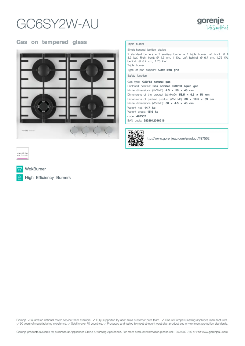 Page n°1 - Fiche technique Gorenje GC6SY2W