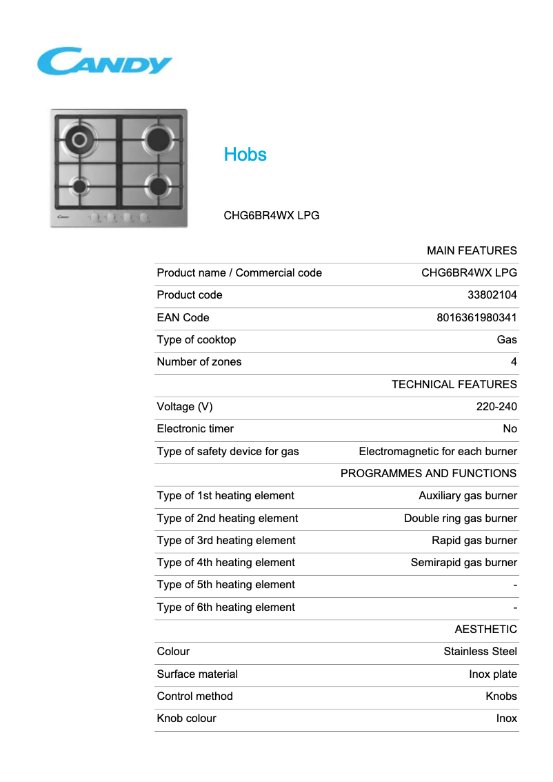 Page n°1 - Fiche technique Candy CHG6BR4WX LPG