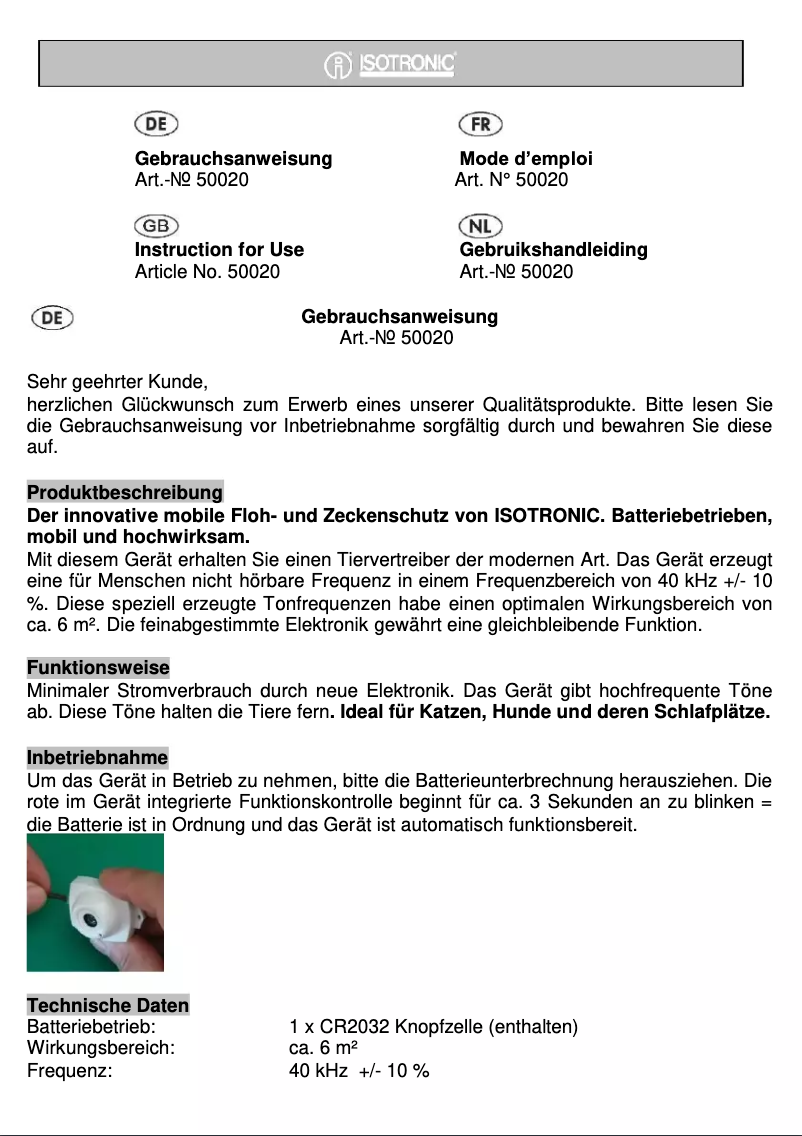 Page n°1 - Manuel utilisateur Isotronic 50020