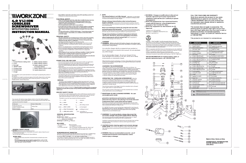 Page 1 de la notice Manuel utilisateur Workzone 4.0 V Lithium-ion Cordless Screwdriver 44216