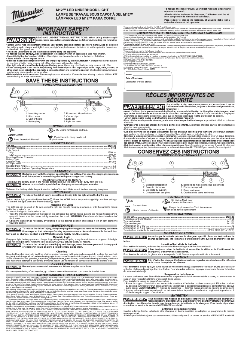 Page 1 de la notice Manuel utilisateur Milwaukee 2125-20