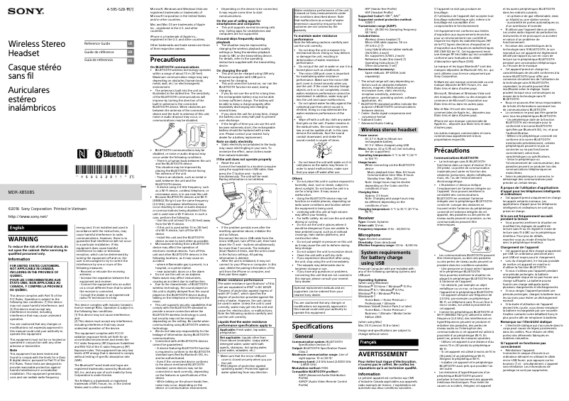 Image de la première page du manuel de l'appareil MDR-XB50BS