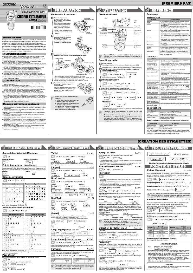 Page 1 de la notice Manuel utilisateur Brother P-Touch 1005