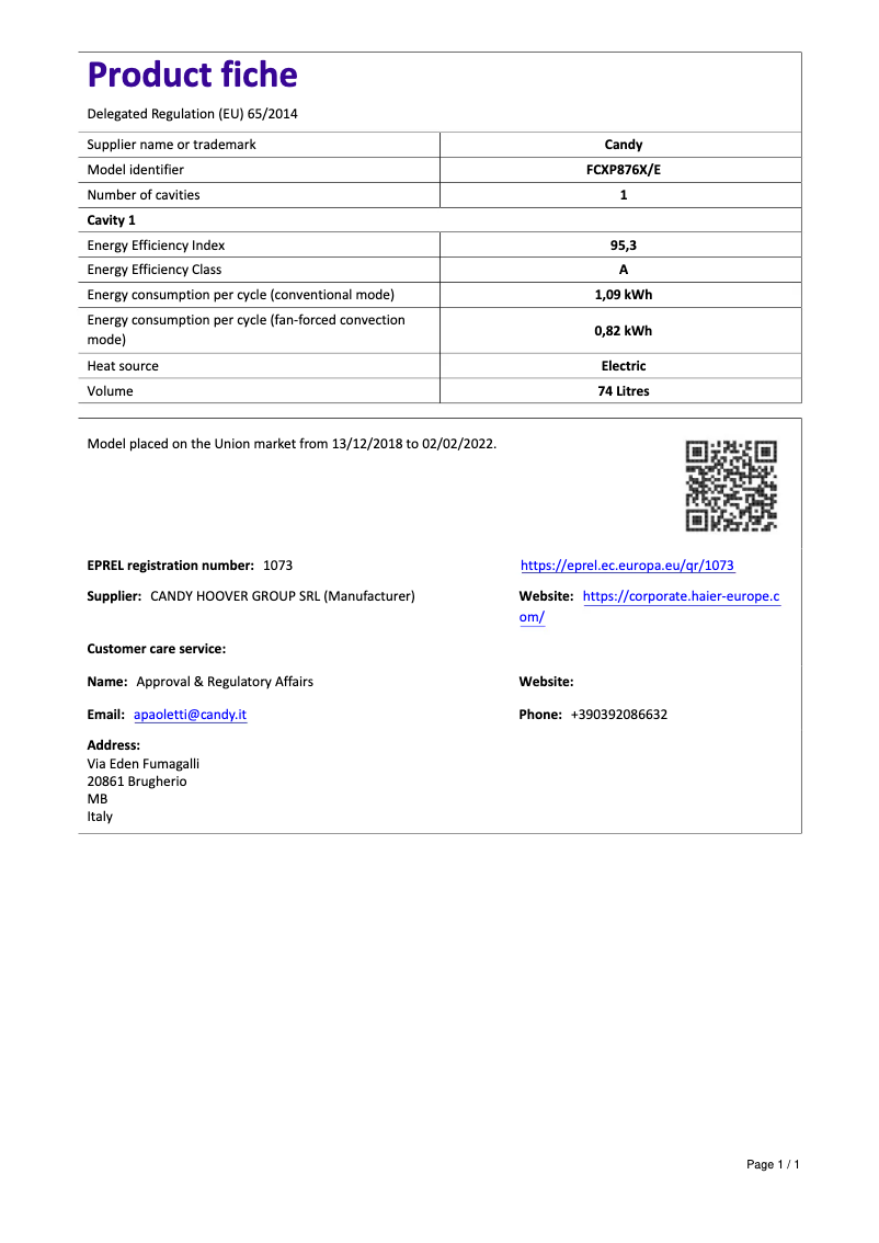 Page n°1 - Manuel utilisateur Candy FCXP876X/E