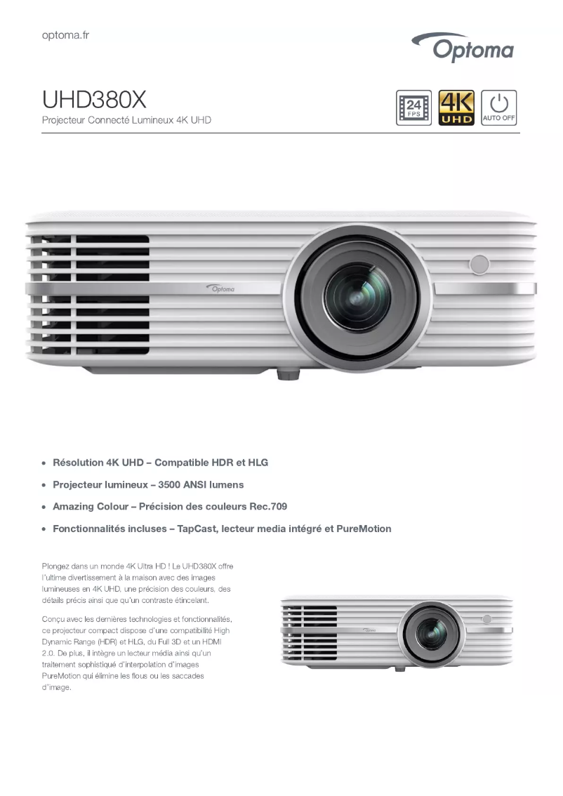 Page n°1 - Fiche technique Optoma UHD380X