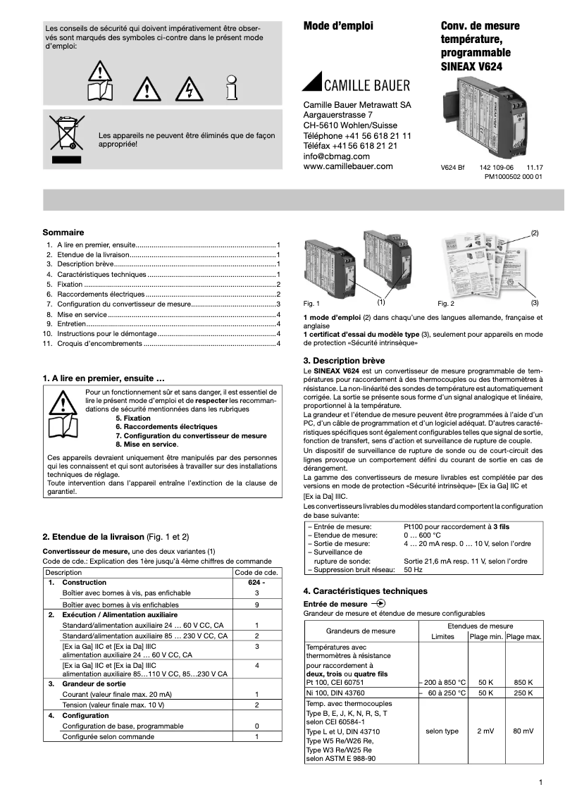 Page 1 de la notice Manuel utilisateur Camille Bauer Sineax V624
