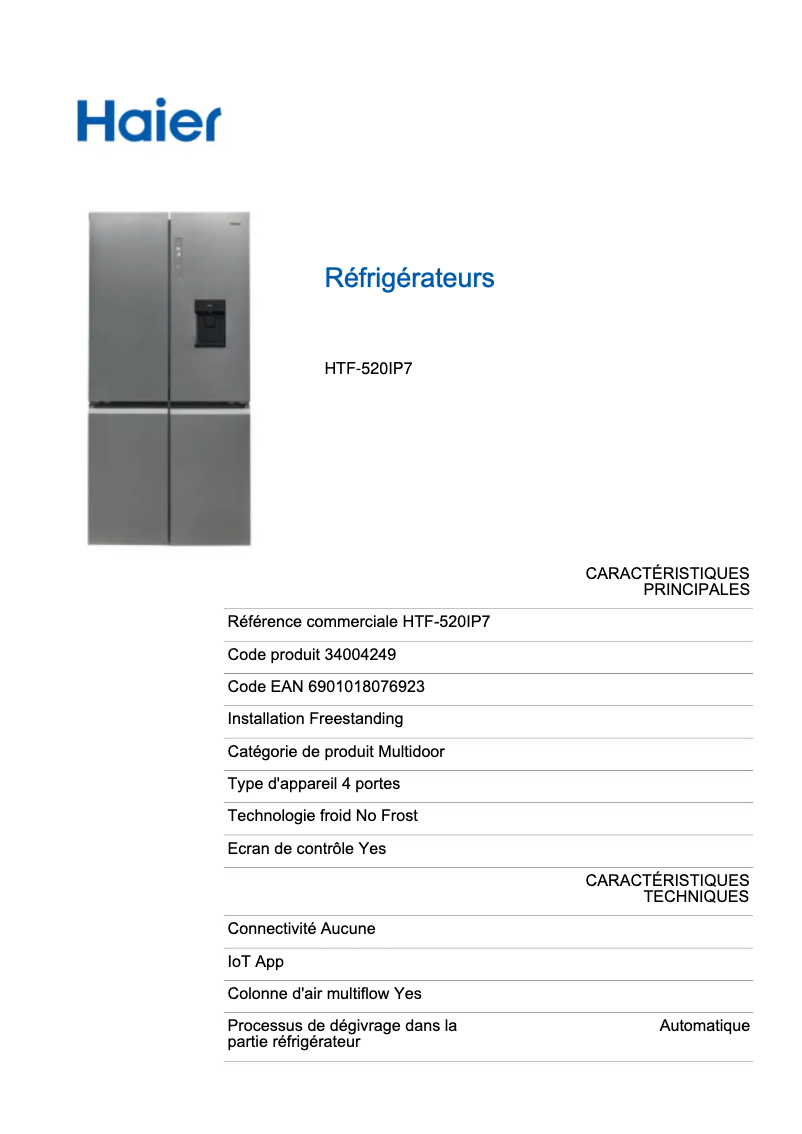 Page n°1 - Fiche technique Haier HTF-520IP7