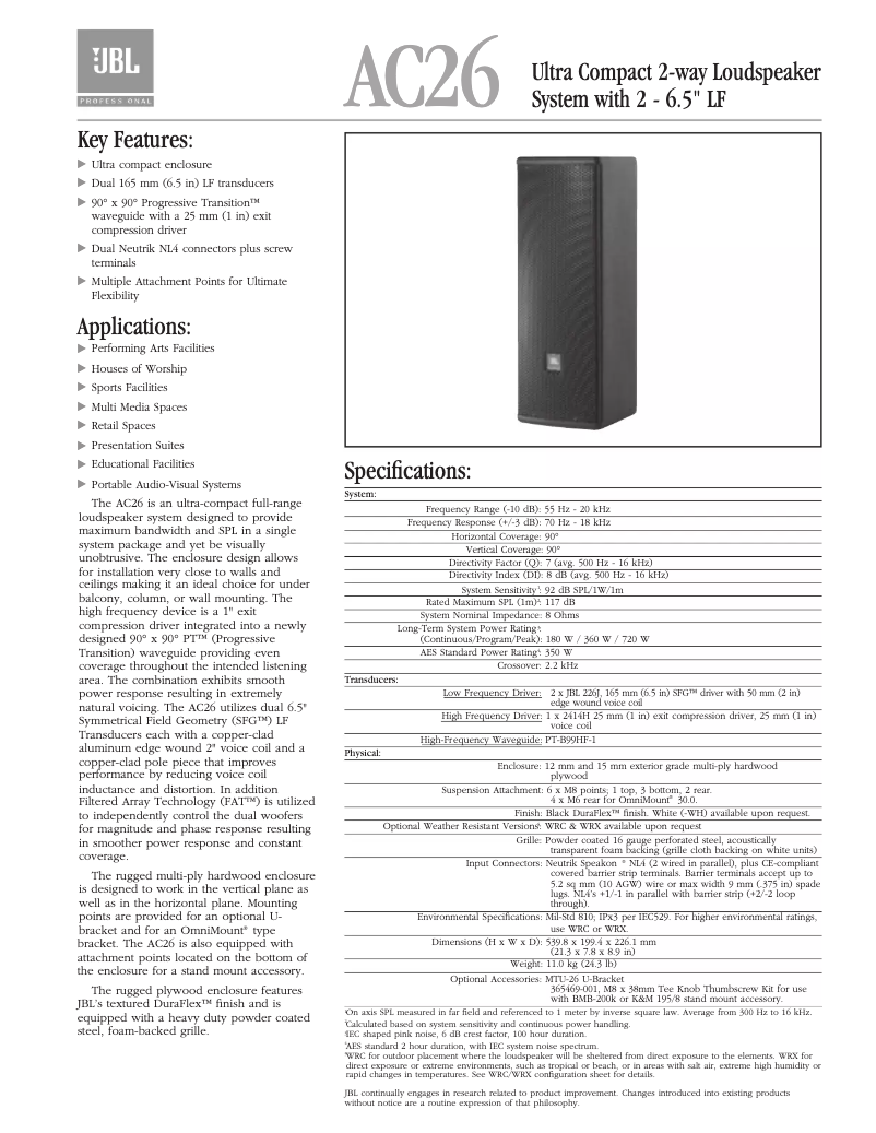 Page 1 de la notice Manuel utilisateur JBL AC26