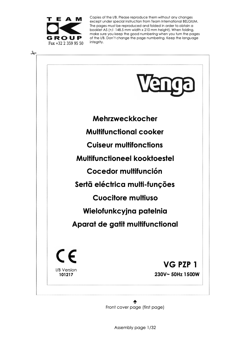 Page 1 de la notice Manuel utilisateur Venga VG PZP 1