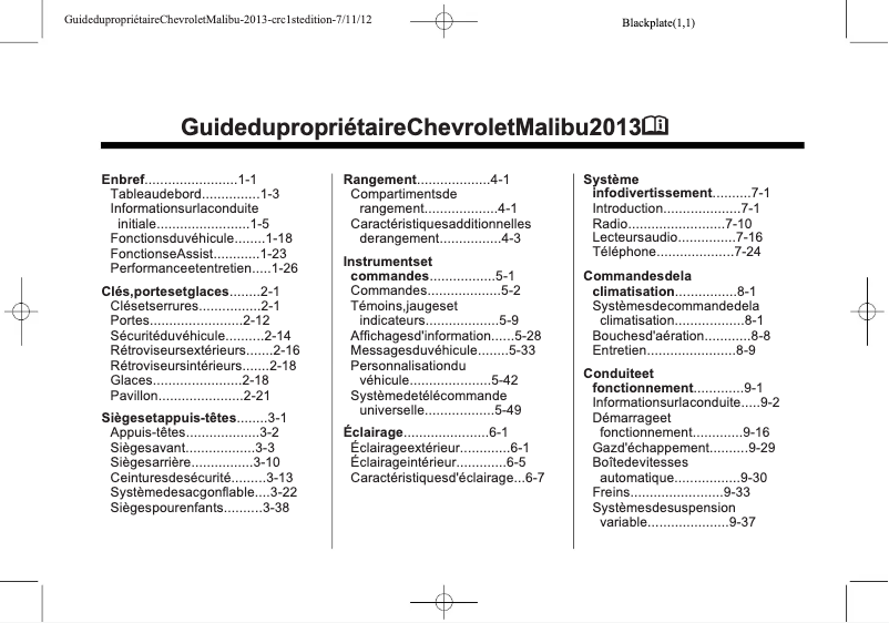 Page 1 de la notice Manuel utilisateur Chevrolet Malibu (2013)