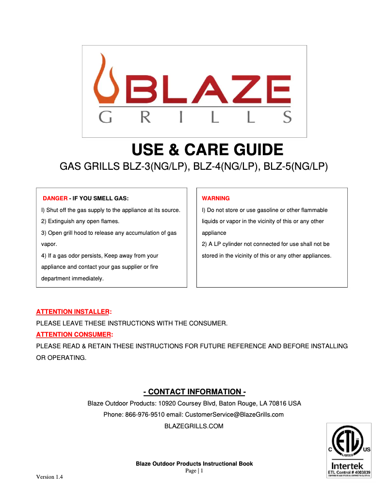 Page 1 de la notice Manuel utilisateur Blaze BLZ4LP