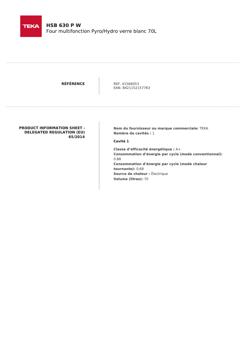 Page 1 de la notice Fiche technique Teka HSB 630 P W